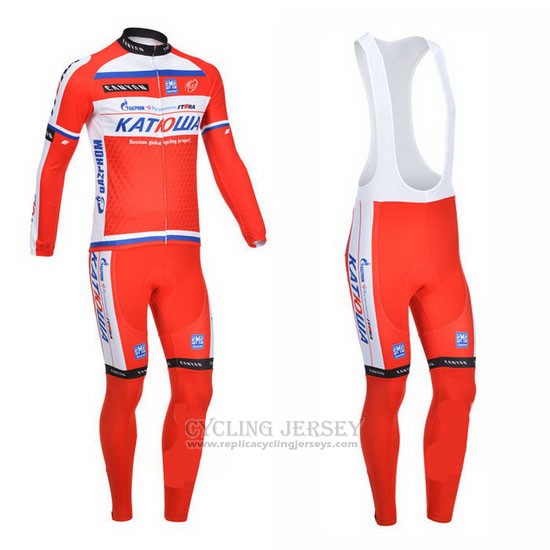 2013 Cycling Jersey Katusha White and Red Long Sleeve and Bib Tight